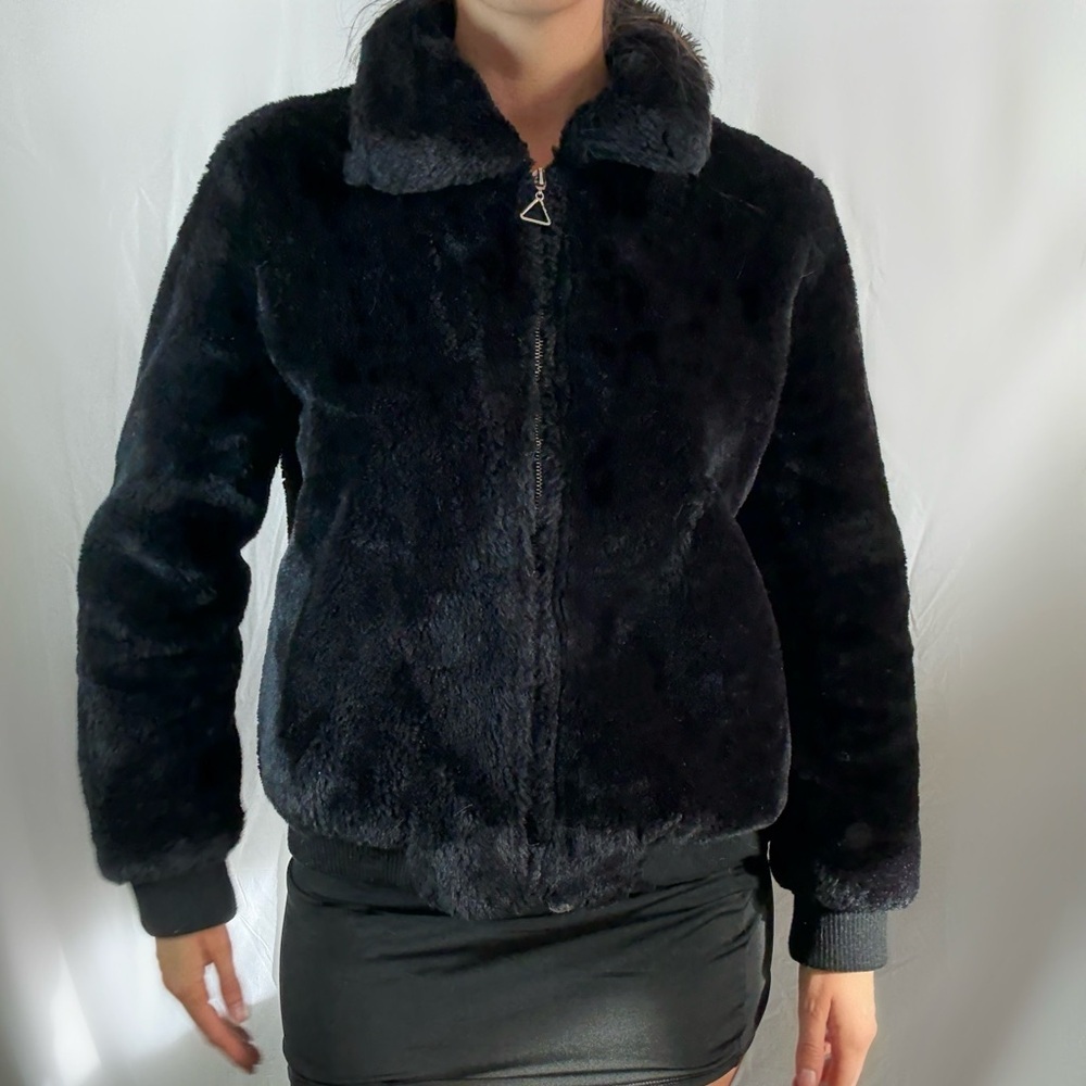 Vagabond black faux fur jacket zip up bomber size small women’s winter teddy